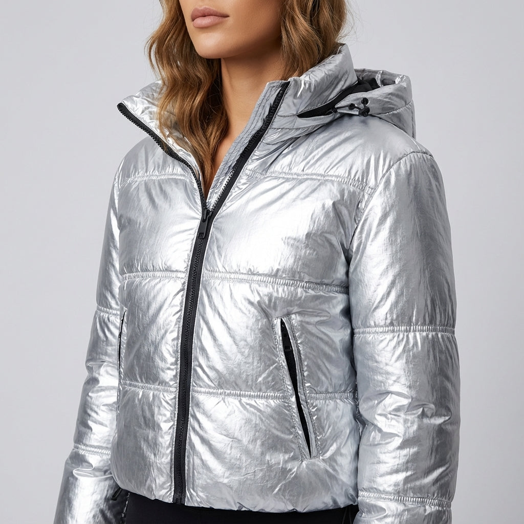 Kurtka damska pikowana błyszcząca z kapturem | Styl miejski