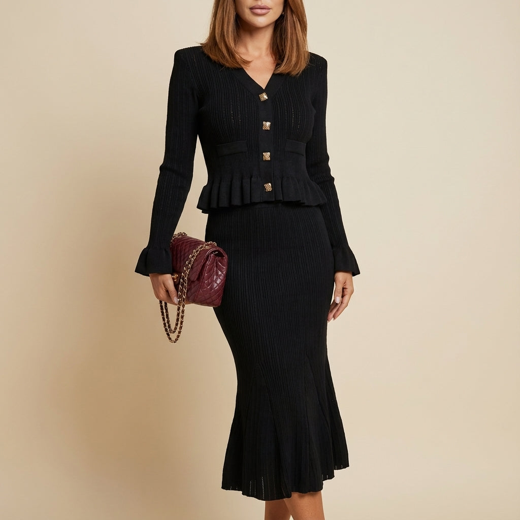 Komplet dzianinowy damski żakiet na guziki i spódnica midi | Styl codzienny