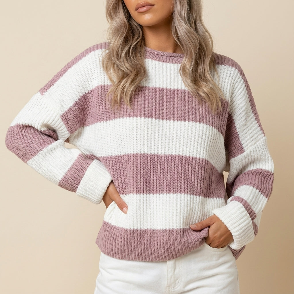 Sweter damski oversize w paski prążkowany | Styl codzienny