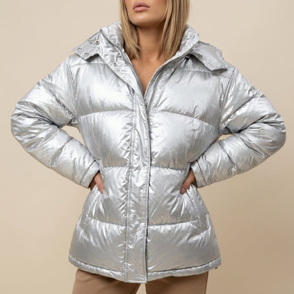 Kurtka Zimowa Damska Błyszcząca z Kapturem | Styl Miejski