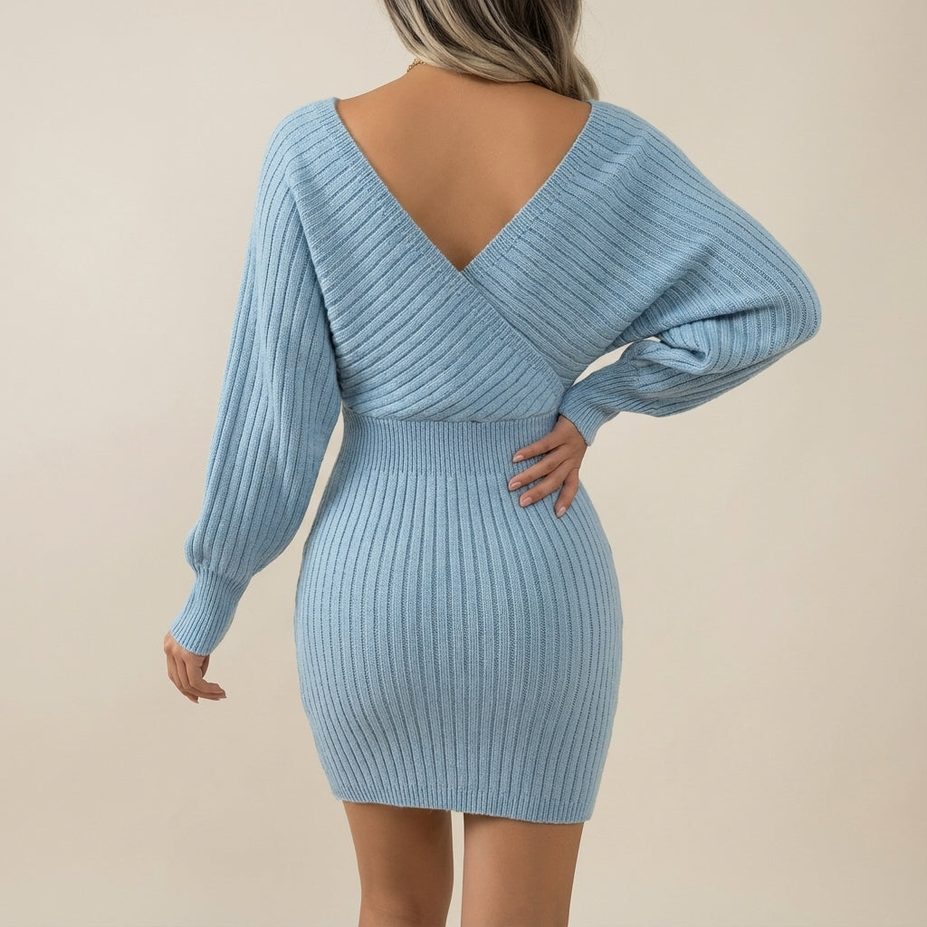 Sukienka mini damska prążkowana dzianinowa z dekoltem V