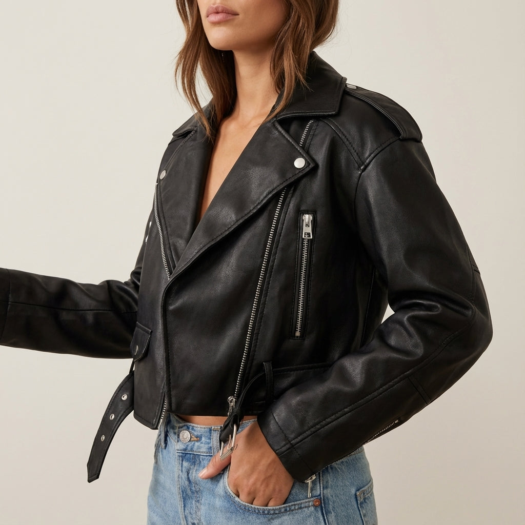 Kurtka ramoneska damska krótka z paskiem | Styl miejski na co dzień