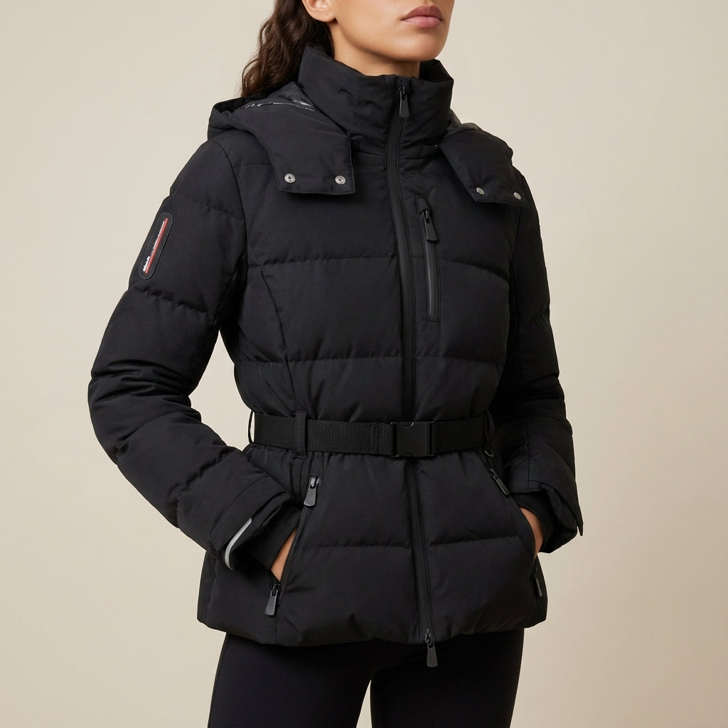 Kurtka puchowa damska z kapturem i paskiem | Styl miejski