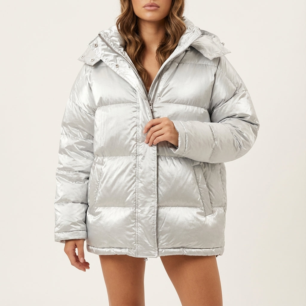Kurtka Zimowa Damska Błyszcząca z Kapturem | Styl Miejski