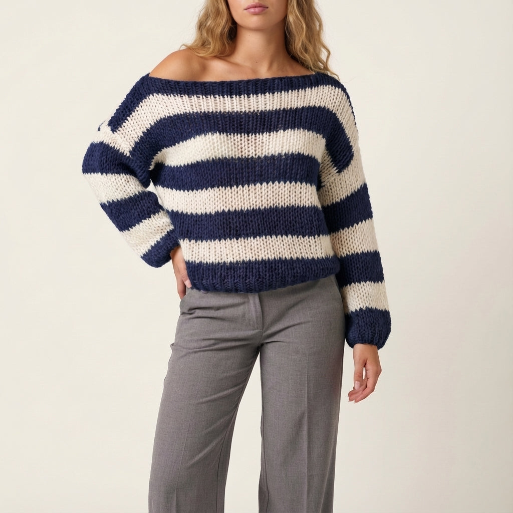 Sweter męski dzianinowy w poziome paski oversize | Styl codzienny