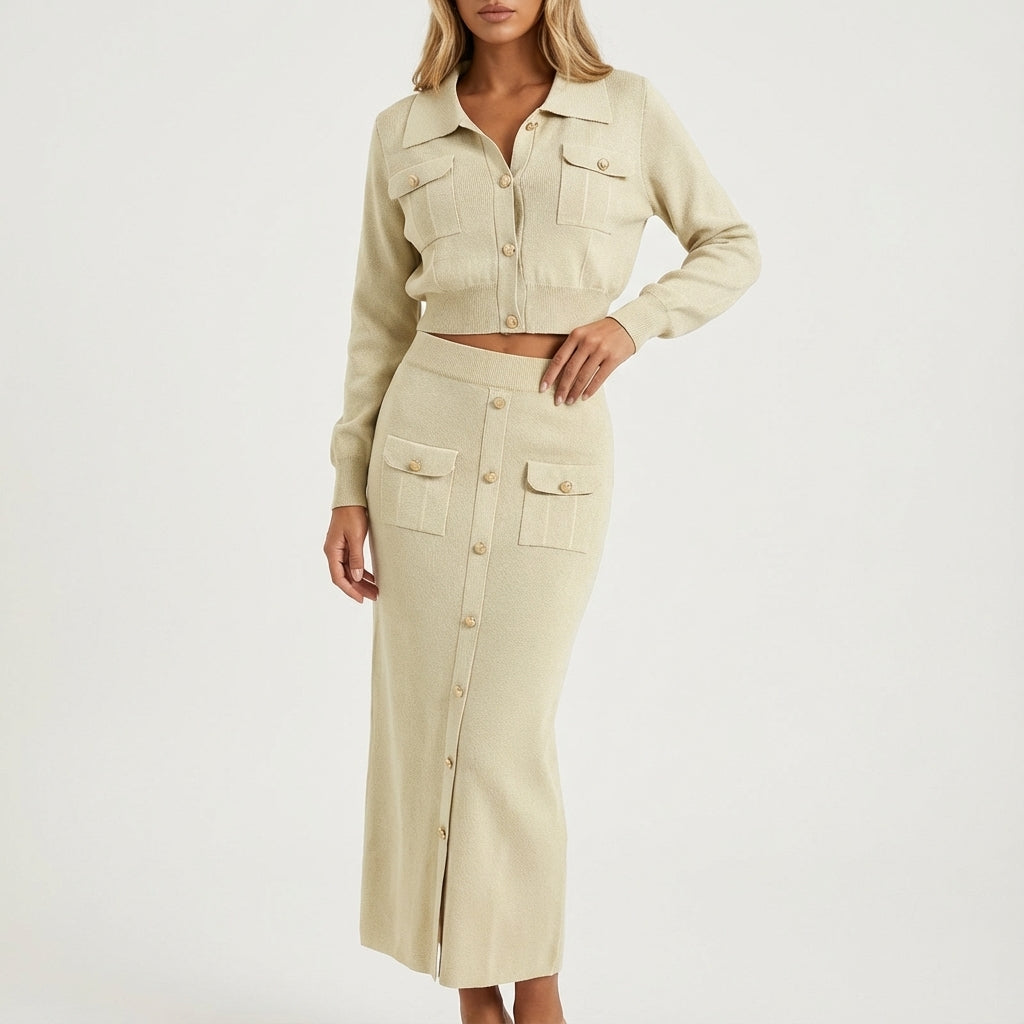 Komplet dzianinowy damski żakiet na guziki i spódnica midi | Do pracy i na co dzień