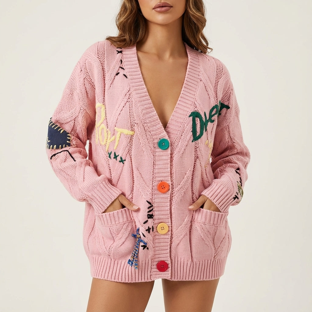 Kardigan damski rozpinany z haftowanym wzorem | Styl codzienny