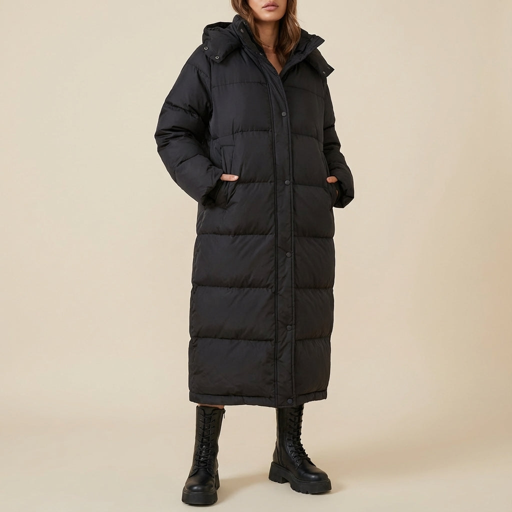 Płaszcz puchowy damski długi z kapturem | Styl zimowy miejski