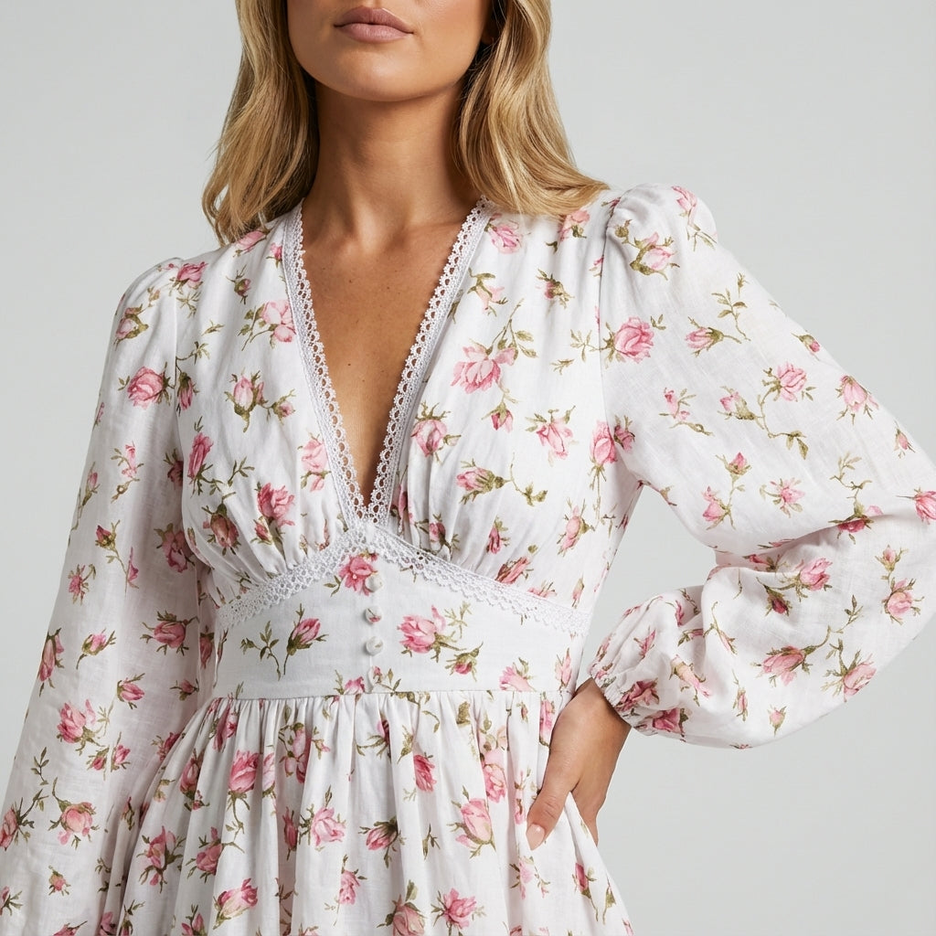 Sukienka mini w kwiaty z dekoltem V i bufiastymi rękawami