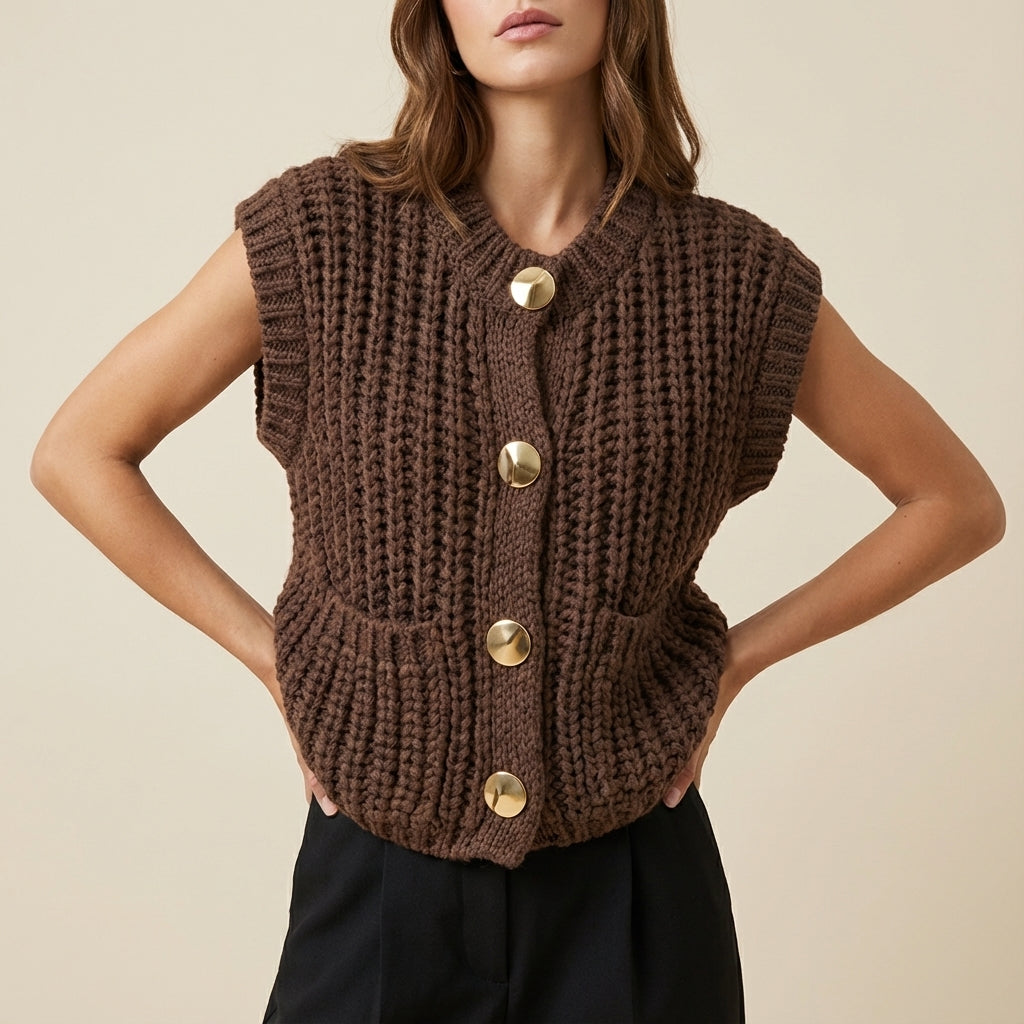 Bezrękawnik damski dzianinowy z guzikami i kieszeniami | Styl codzienny