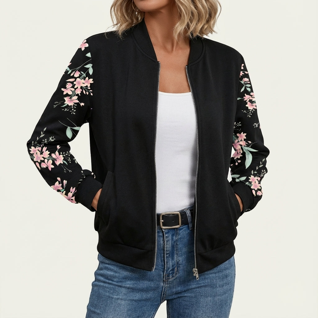 Kurtka bomberka damska z kwiatowymi rękawami | Styl codzienny miejski