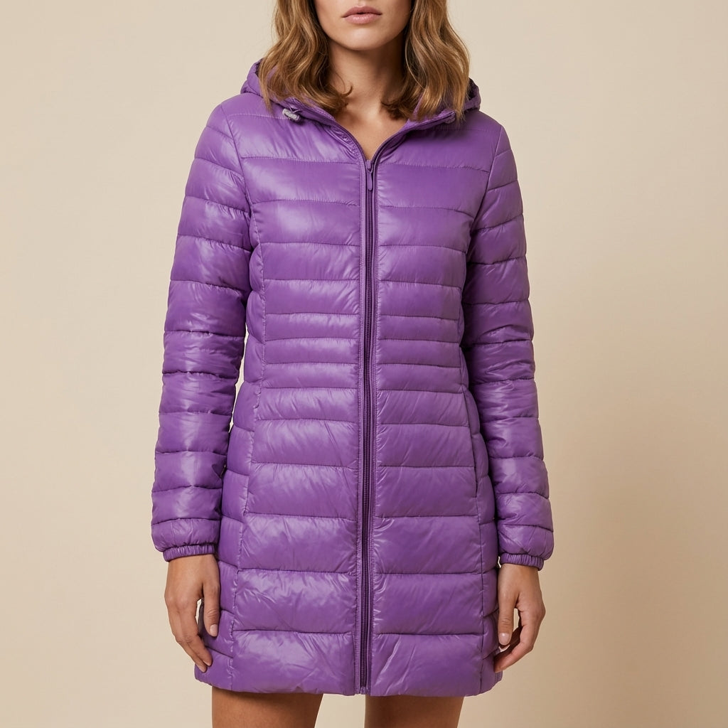 Kurtka zimowa damska pikowana długa z kapturem | Styl miejski