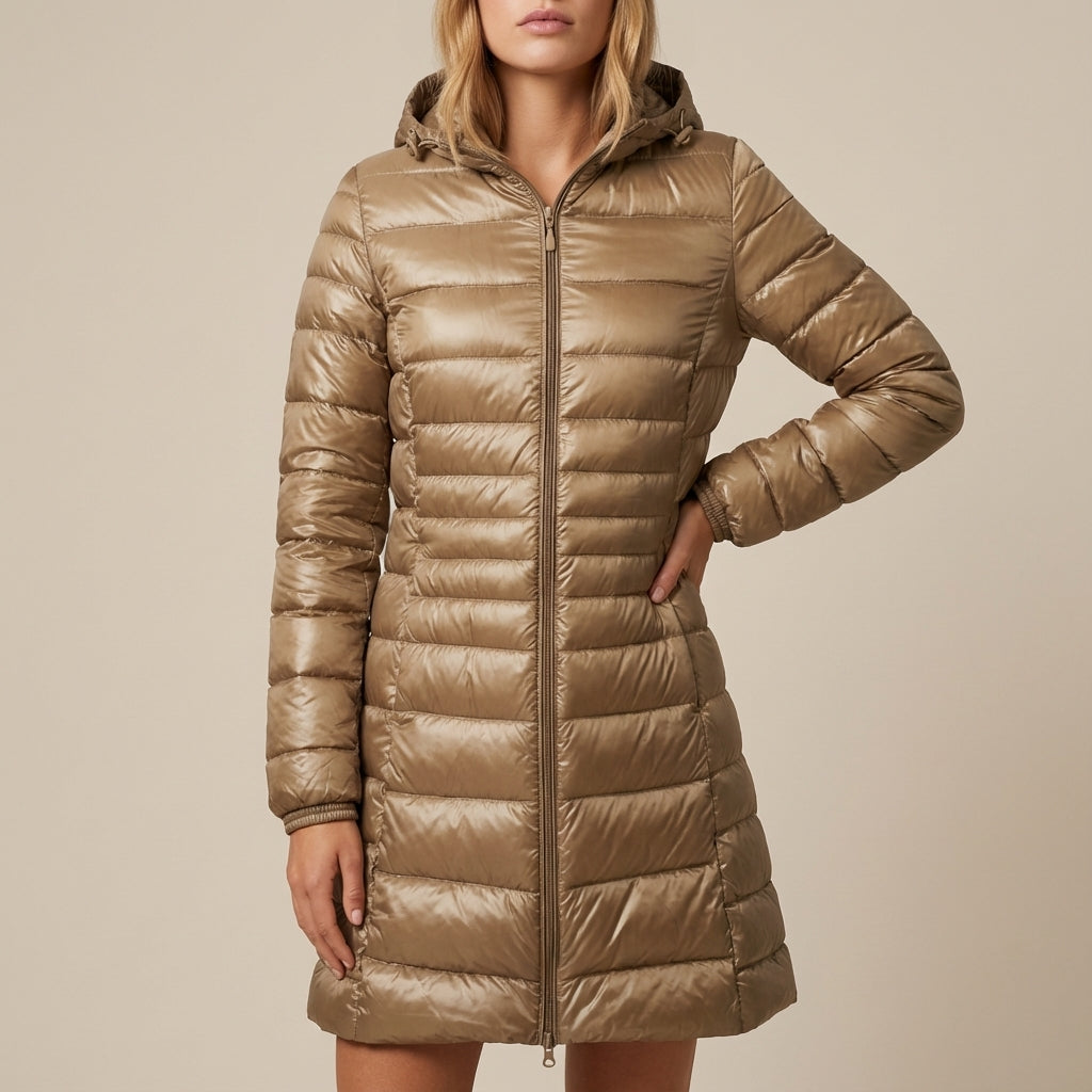 Kurtka zimowa damska pikowana długa z kapturem | Styl miejski