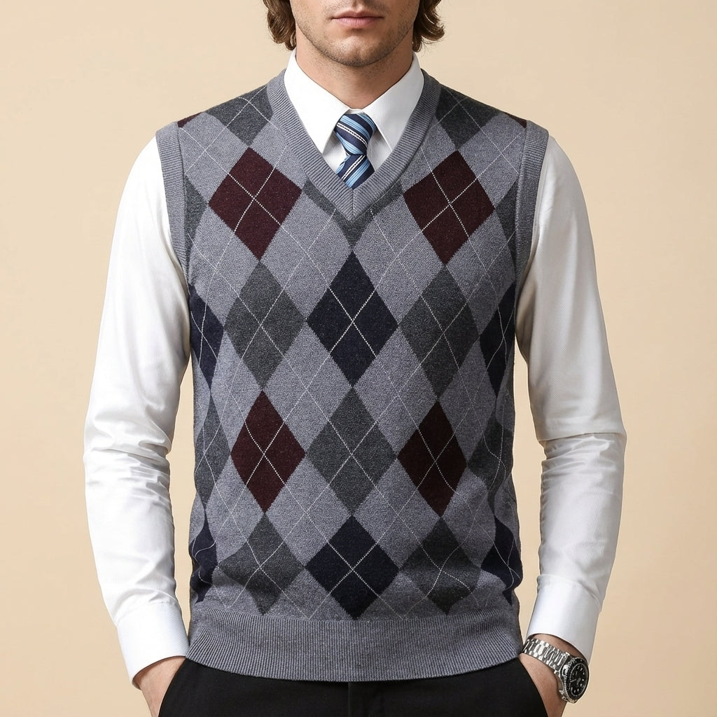 Bezrękawnik Męski Argyle z Dekoltem V | Codzienny i Biurowy