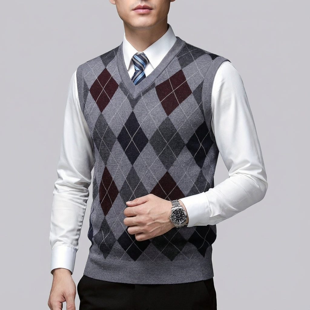 Bezrękawnik Męski Argyle z Dekoltem V | Codzienny i Biurowy