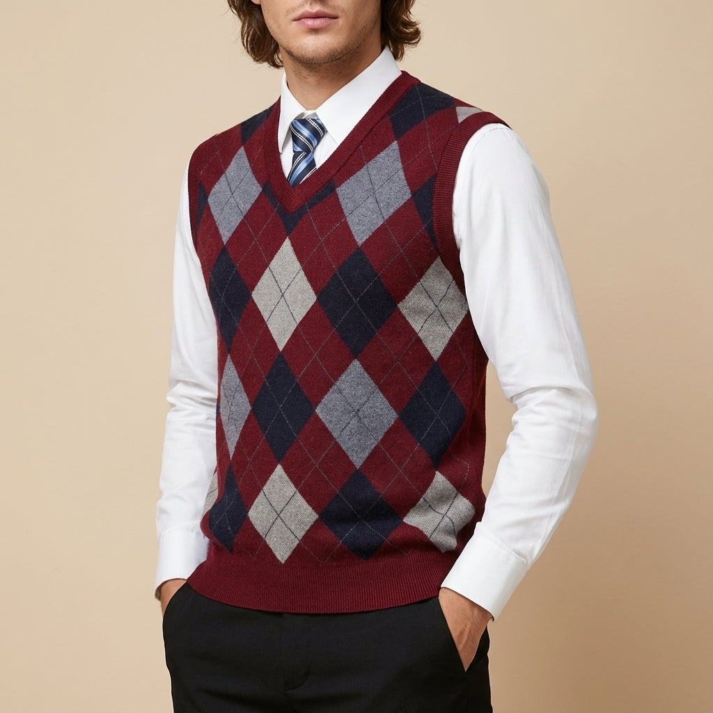 Bezrękawnik Męski Argyle z Dekoltem V | Codzienny i Biurowy