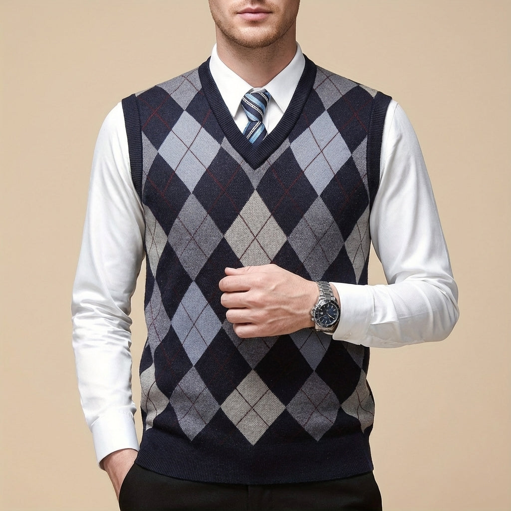 Bezrękawnik Męski Argyle z Dekoltem V | Codzienny i Biurowy