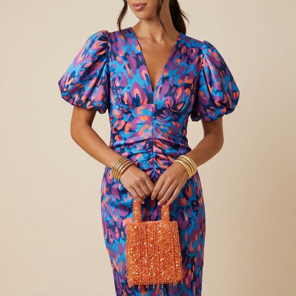 Sukienka midi damska z bufiastym rękawem | Codzienne noszenie