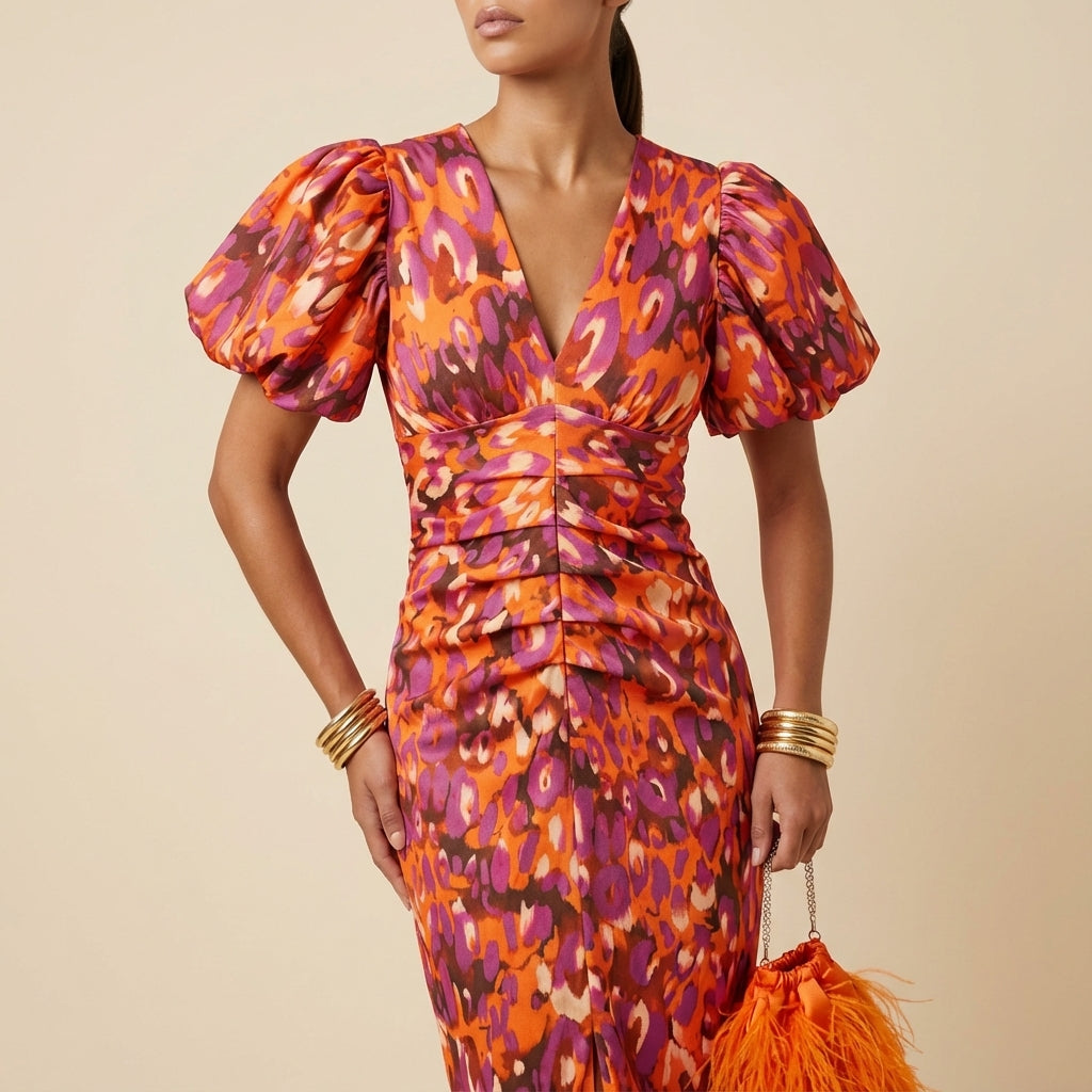 Sukienka midi damska z bufiastym rękawem | Codzienne noszenie