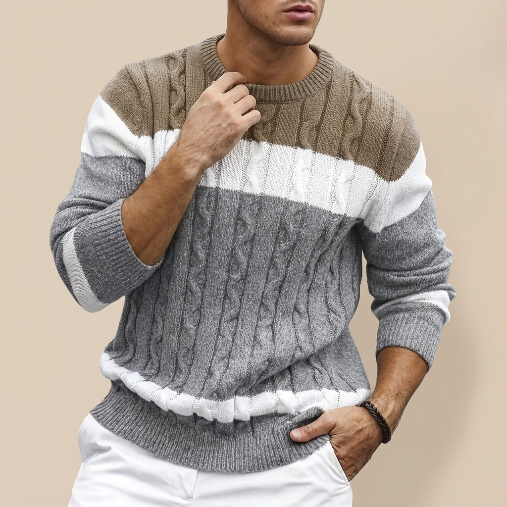 Sweter Męski Warkoczowy w Pasy z Okrągłym Dekoltem | Na Co Dzień