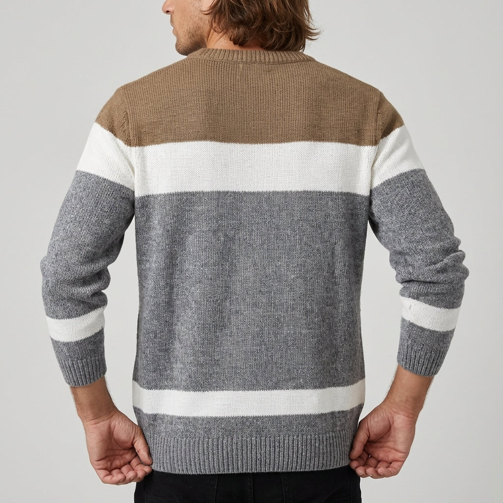 Sweter Męski Warkoczowy w Pasy z Okrągłym Dekoltem | Na Co Dzień