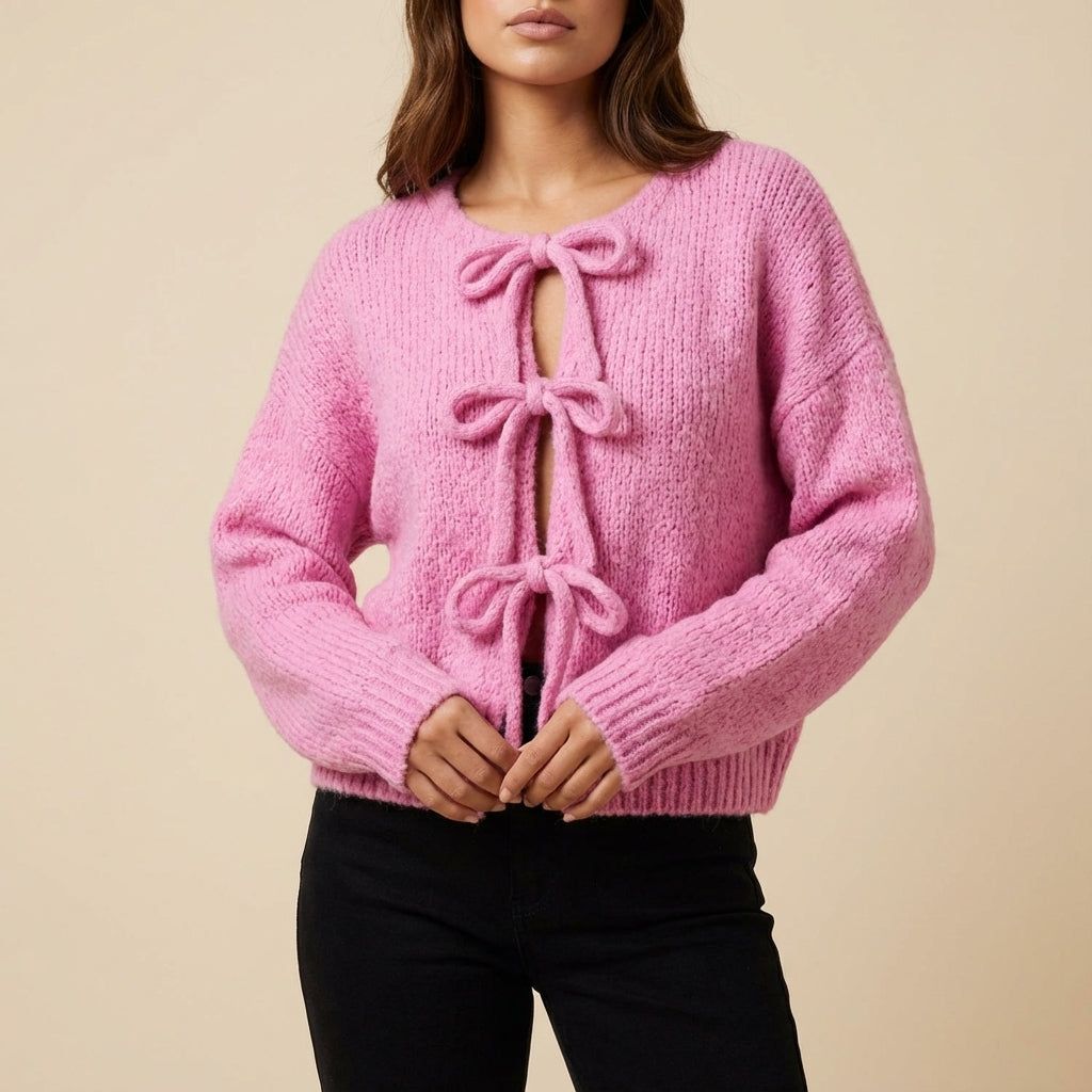 Kardigan damski dzianinowy zapinany na kokardki z długim rękawem | Na co dzień