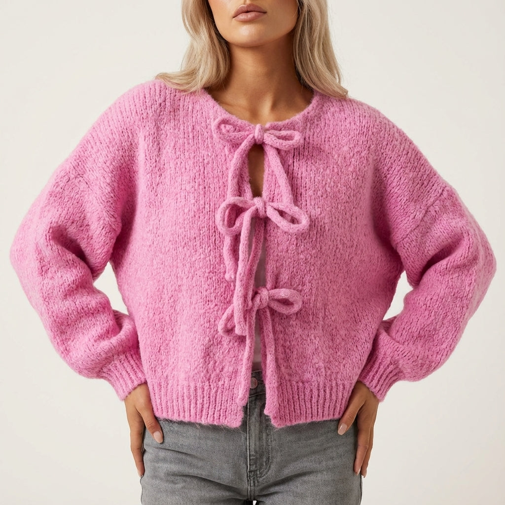 Kardigan damski dzianinowy zapinany na kokardki z długim rękawem | Na co dzień