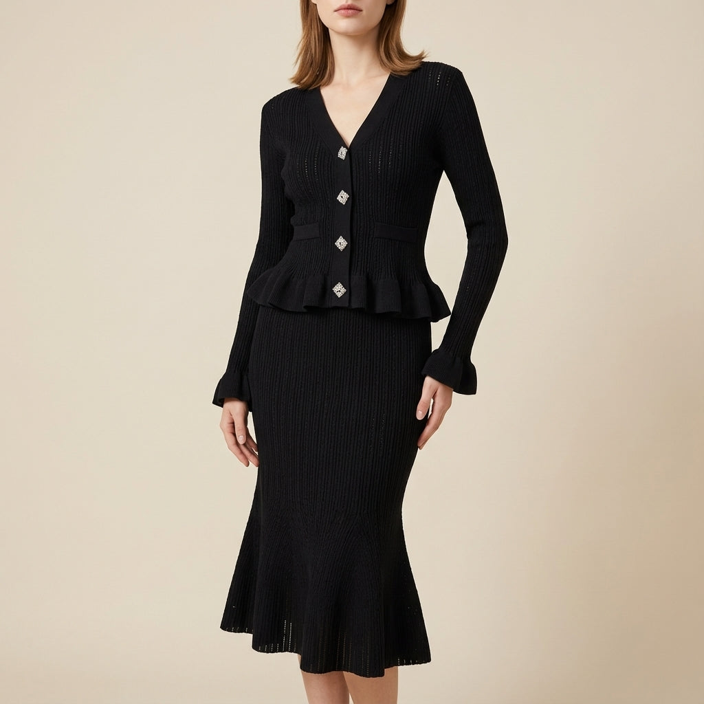 Komplet dzianinowy damski żakiet na guziki i spódnica midi | Styl codzienny