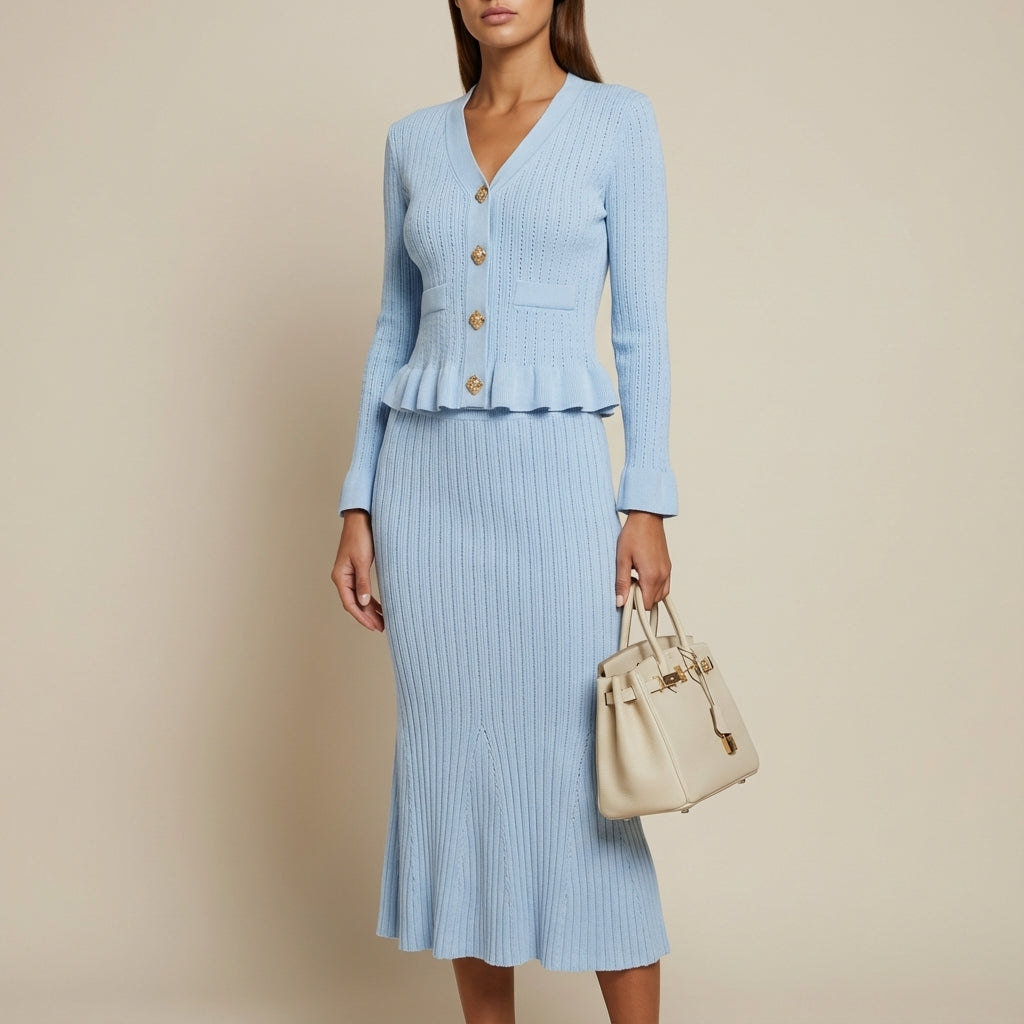 Komplet dzianinowy damski żakiet na guziki i spódnica midi | Styl codzienny