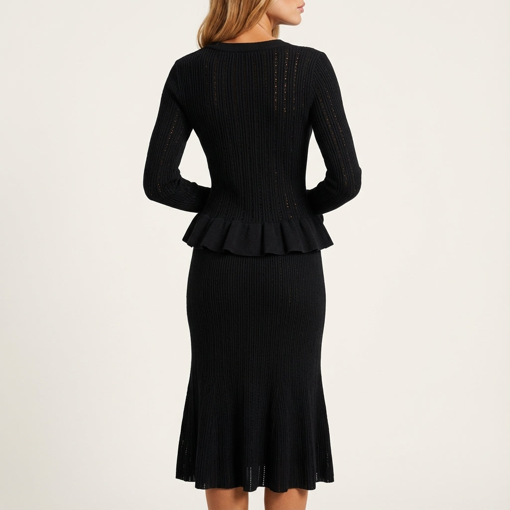 Komplet dzianinowy damski żakiet na guziki i spódnica midi | Styl codzienny