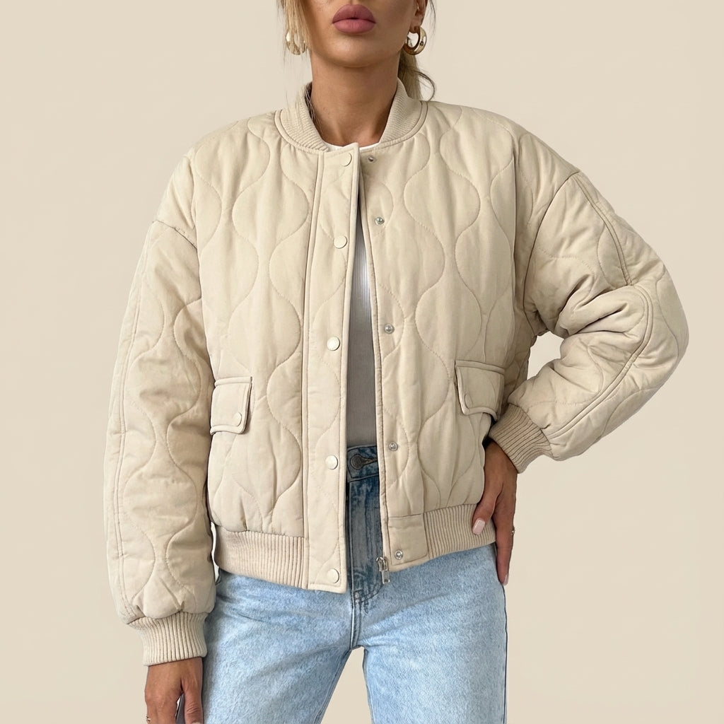 Kurtka Bomberka Damska Pikowana na Zatrzaski | Styl Miejski