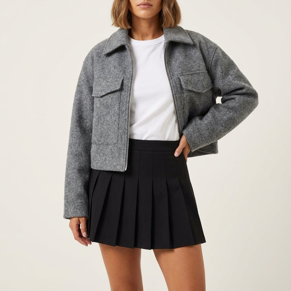 Kurtka damska krótka na zamek z kołnierzem i kieszeniami | Na co dzień