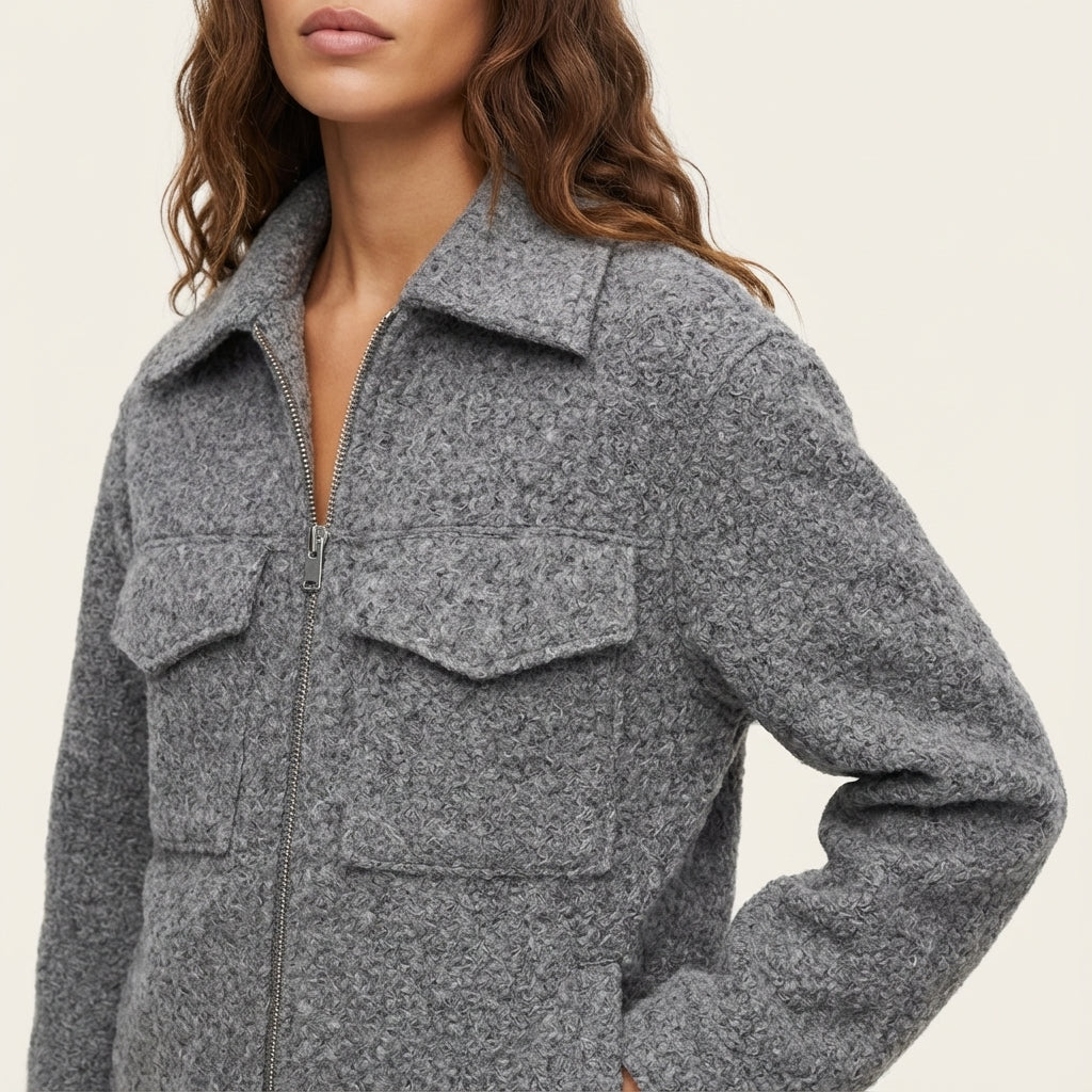 Kurtka damska krótka na zamek z kołnierzem i kieszeniami | Na co dzień