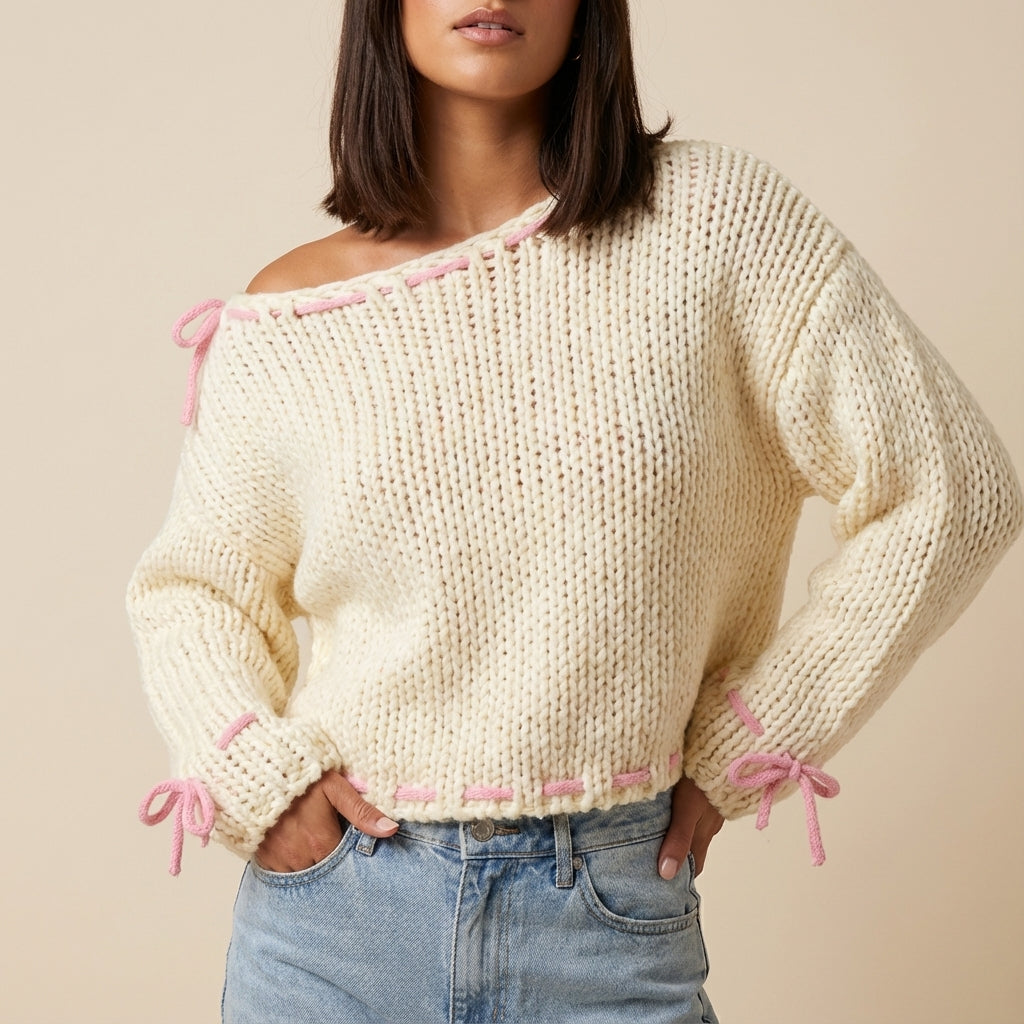 Pulower damski dzianinowy z odkrytym ramieniem i kokardkami | Na co dzień