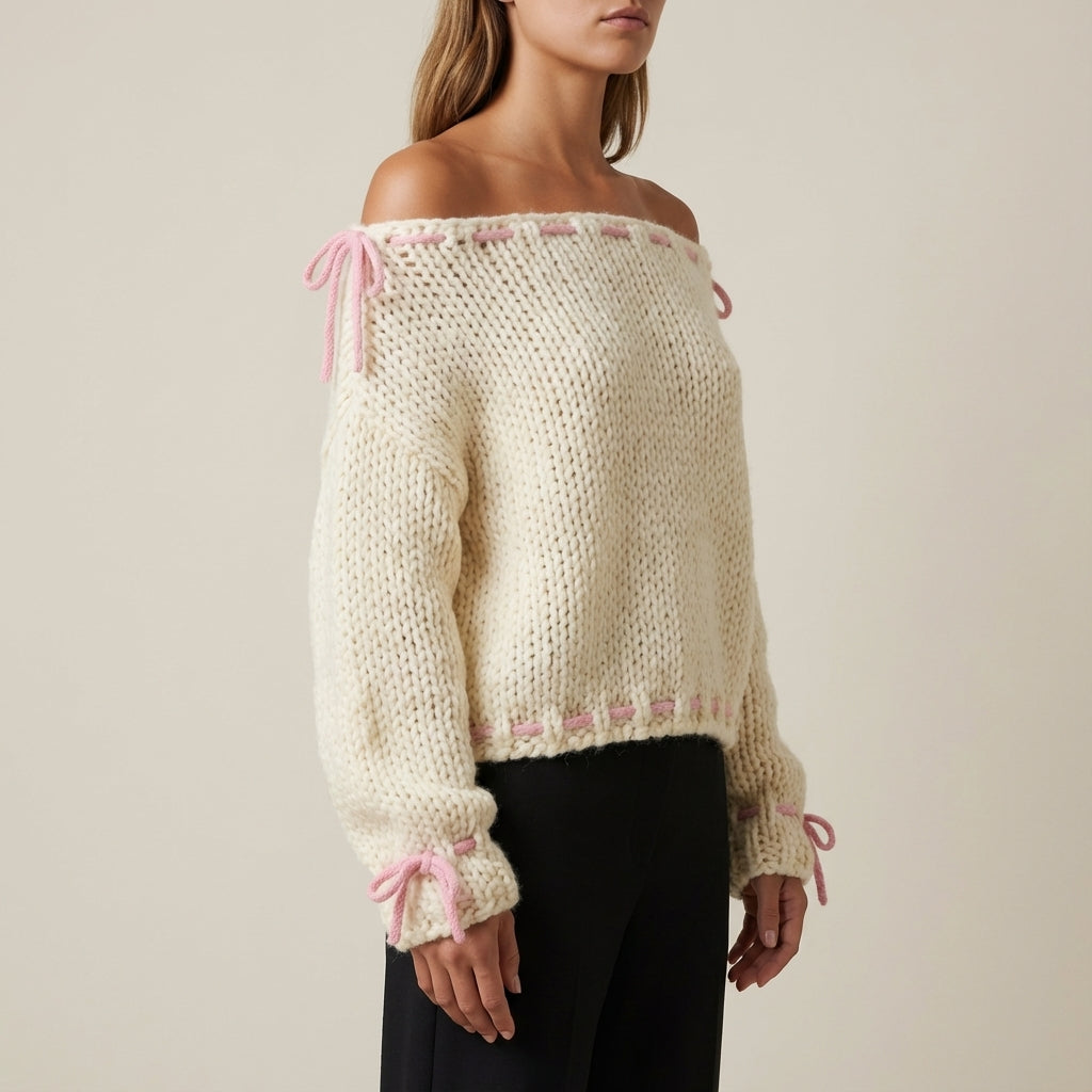 Pulower damski dzianinowy z odkrytym ramieniem i kokardkami | Na co dzień