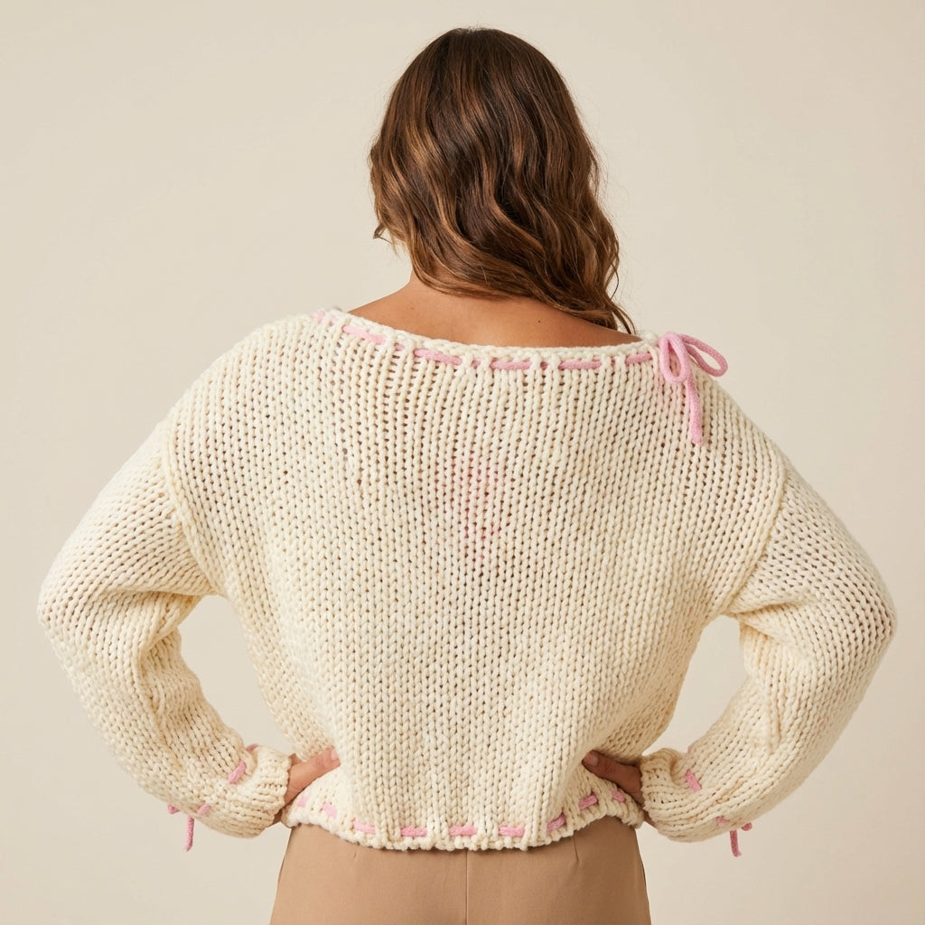 Pulower damski dzianinowy z odkrytym ramieniem i kokardkami | Na co dzień