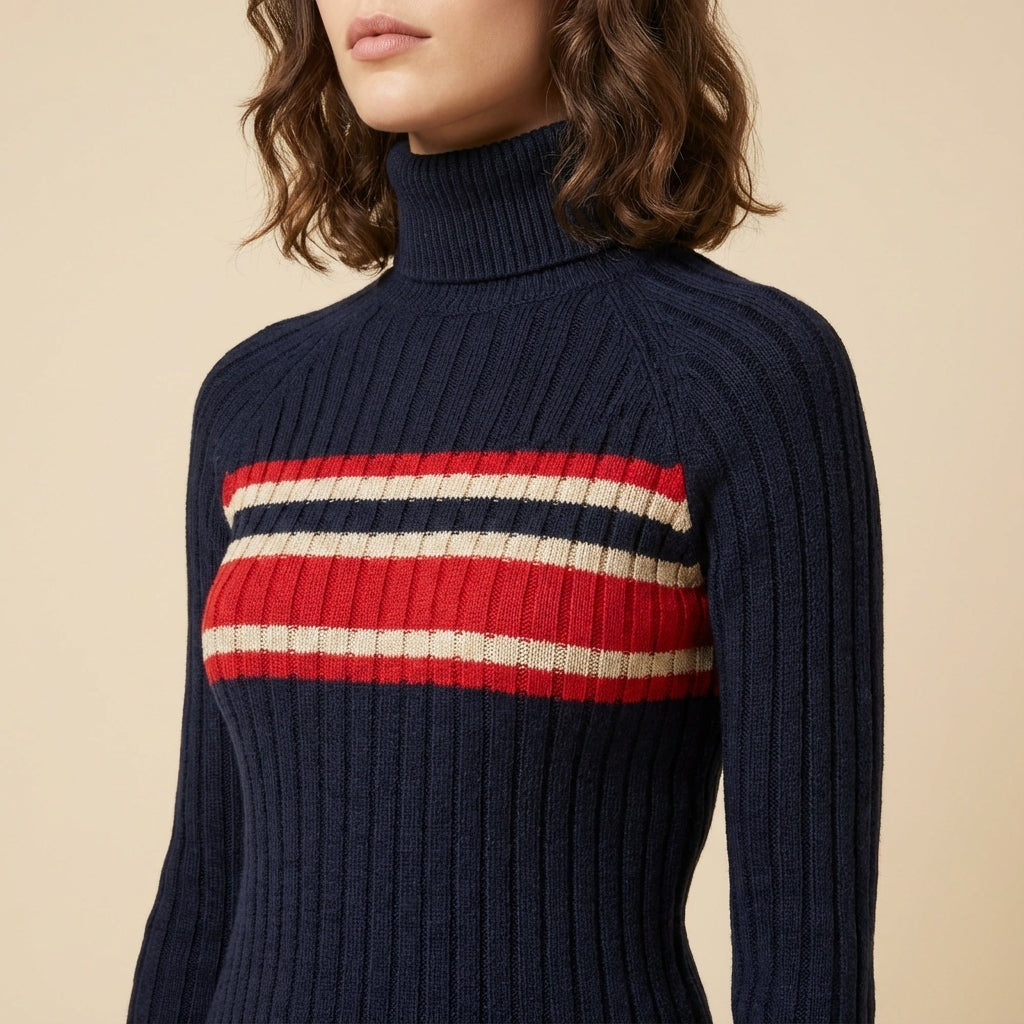 Sukienka damska w paski z wysokim kołnierzem | Codzienne noszenie