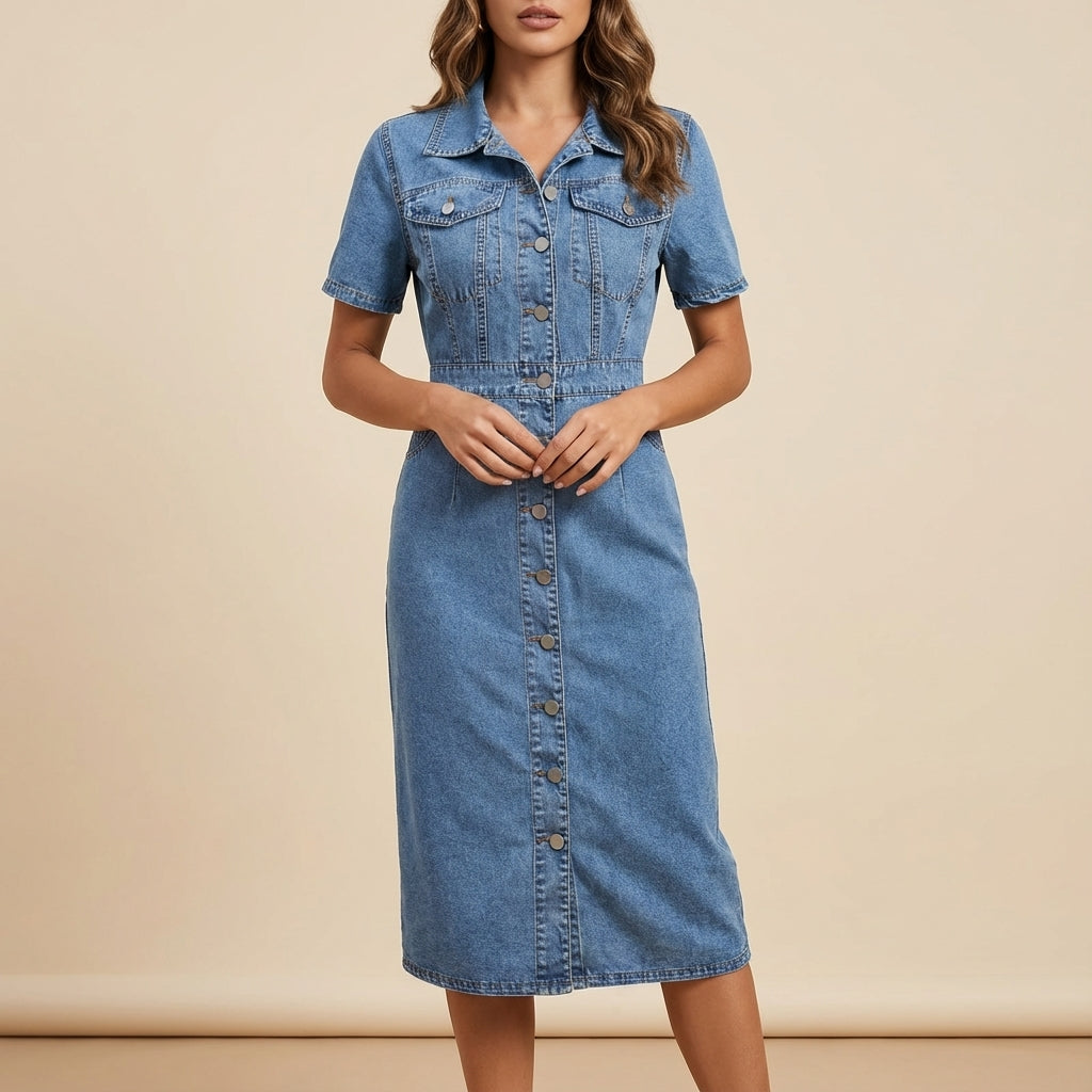 Sukienka jeansowa damska midi zapinana na guziki krótki rękaw