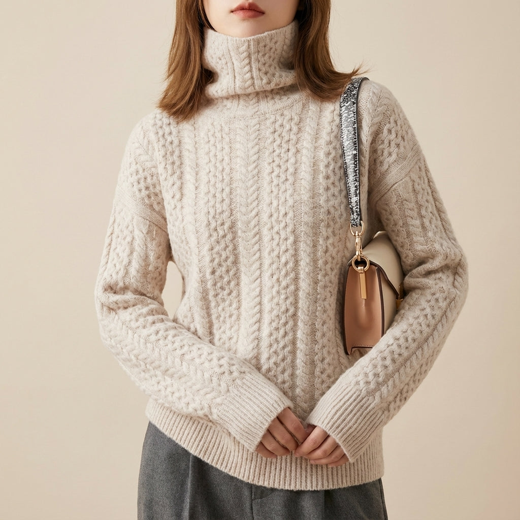 Sweter damski golf dzianinowy warkoczowy | Codzienne noszenie