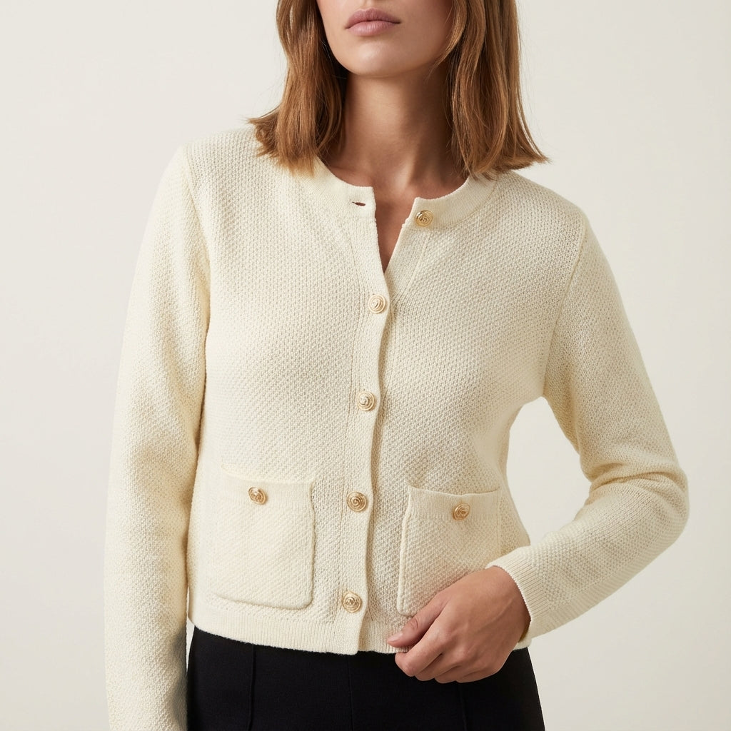 Sweter damski rozpinany na guziki z kieszeniami i dekoltem okrągłym | Na co dzień