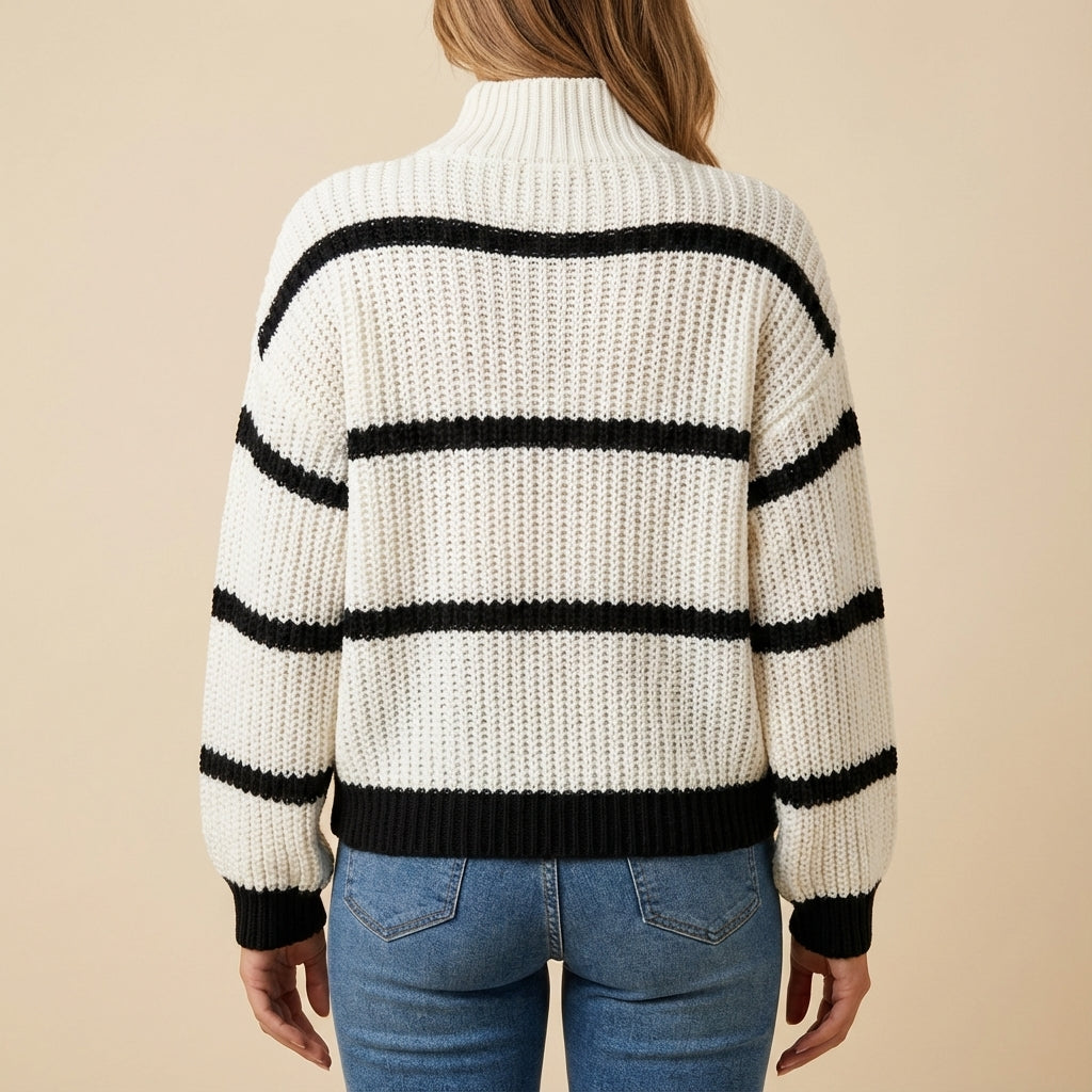Sweter damski w paski z wysokim kołnierzem gruby splot | Na co dzień