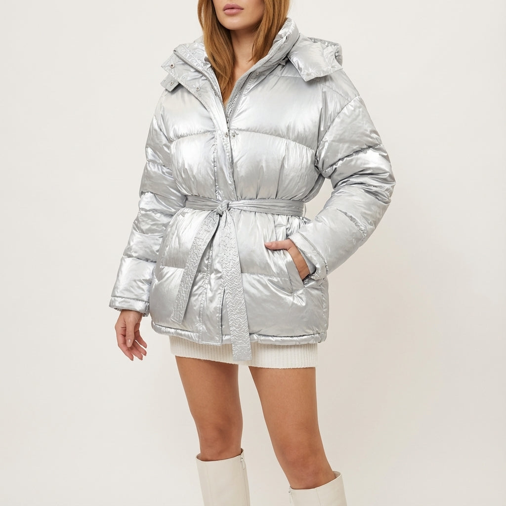 Kurtka Zimowa Damska Błyszcząca z Kapturem | Styl Miejski