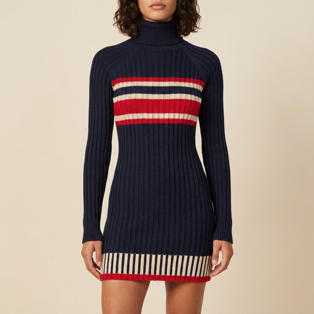 Sukienka damska w paski z wysokim kołnierzem | Codzienne noszenie