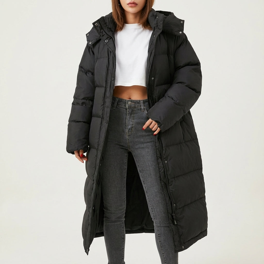 Płaszcz puchowy damski długi z kapturem | Styl zimowy miejski