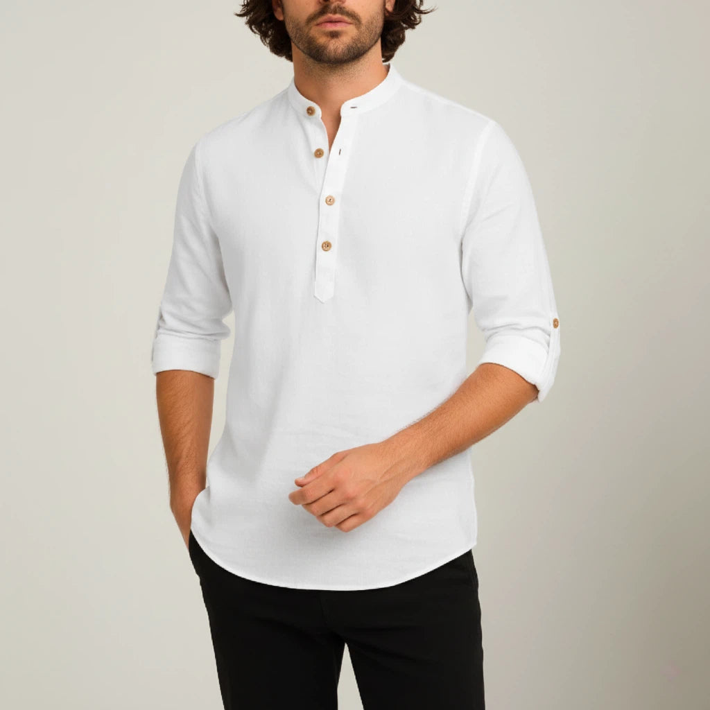 Koszula Lniana Męska z Długim Rękawem i Stójką | Codzienny Styl