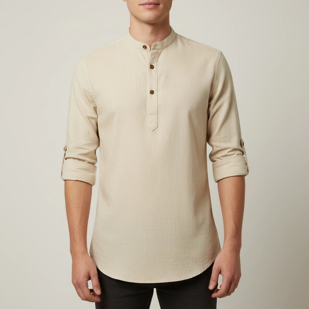 Koszula Lniana Męska z Długim Rękawem i Stójką | Codzienny Styl
