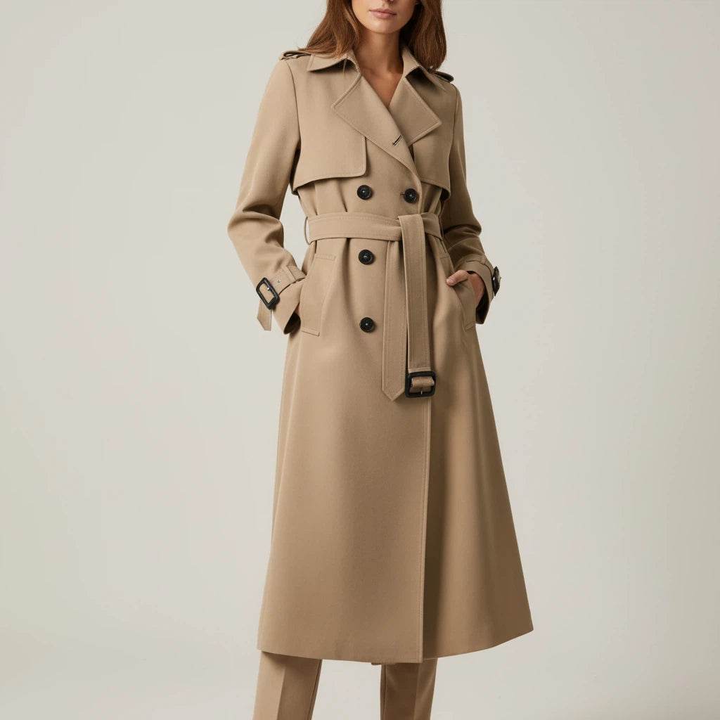 Trencz Damski Długi z Paskiem i Dwurzędowym Zapięciem | Styl Codzienny