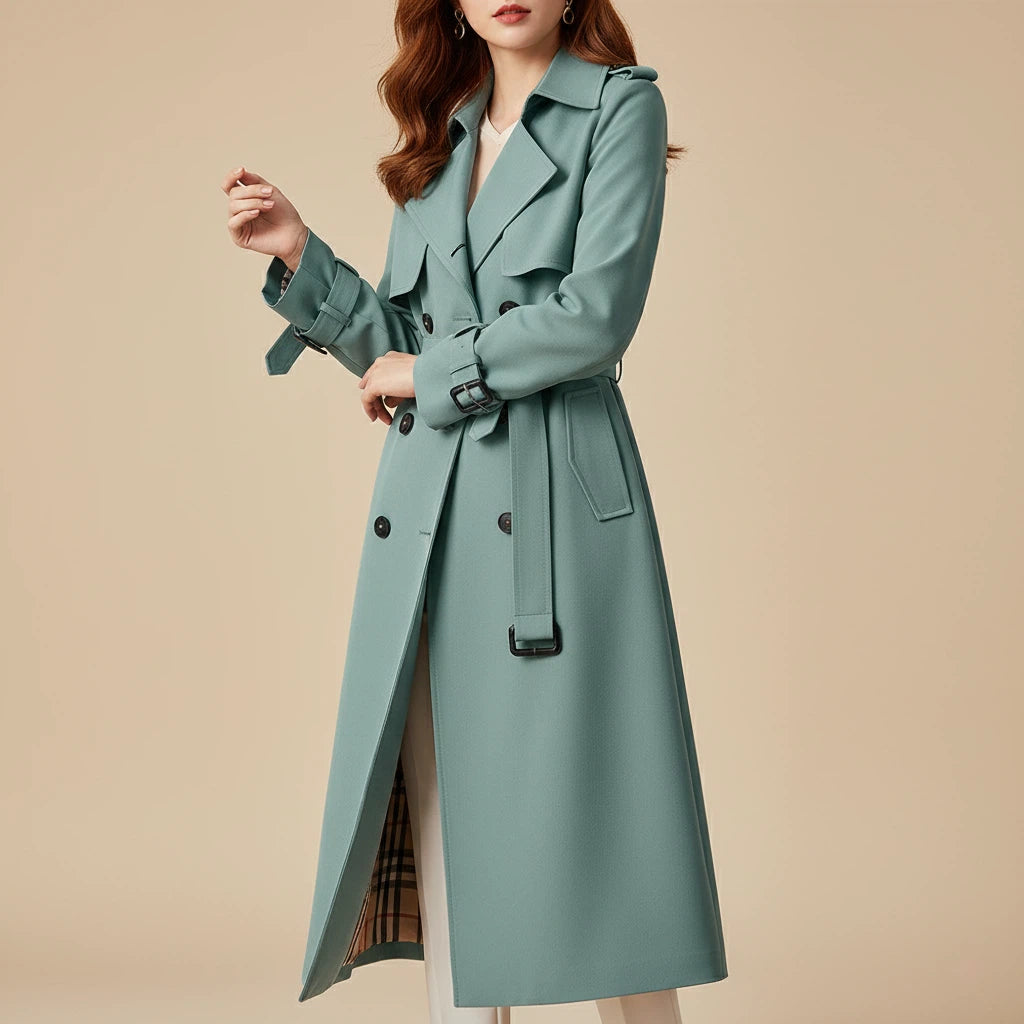 Trencz Damski Długi z Paskiem i Dwurzędowym Zapięciem | Styl Codzienny