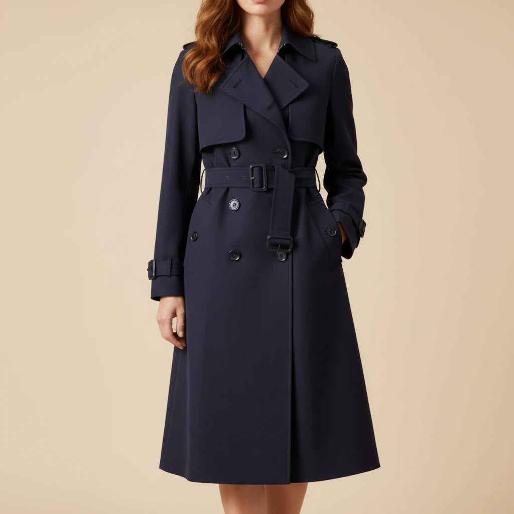 Trencz Damski Długi z Paskiem i Dwurzędowym Zapięciem | Styl Codzienny