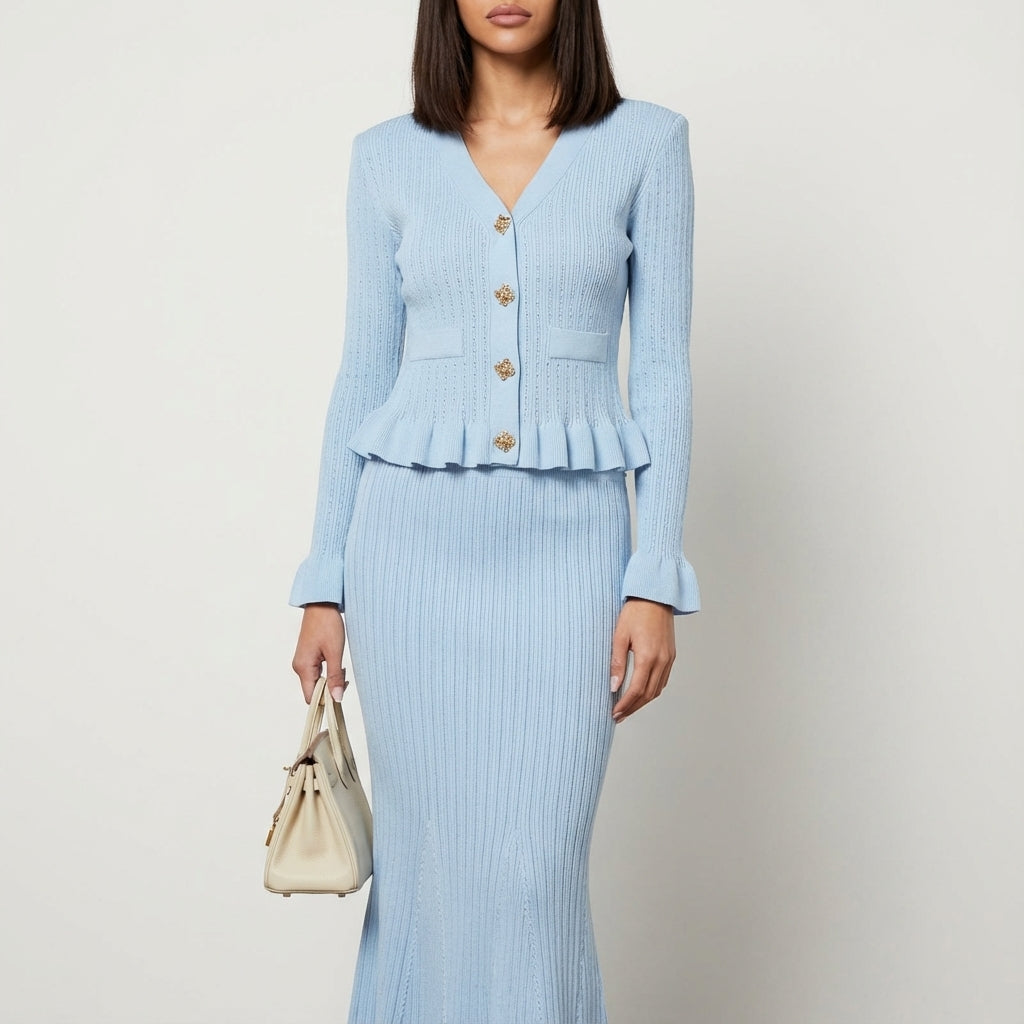 Komplet dzianinowy damski żakiet na guziki i spódnica midi | Styl codzienny